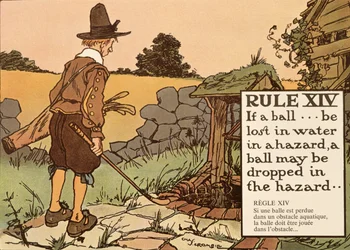 Regel XIV: Wenn ein Ball im Wasser eines Hindernisses verloren geht, darf ein Ball im Hindernis fallen gelassen werden, aus 